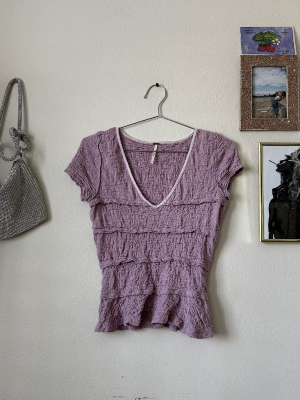Free People Lilac Crinkle Textured V-Neck Fitted Tee Size S